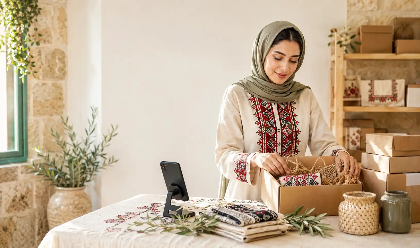 سيدة فلسطينية تصنع وتجهز منتجات التطريز